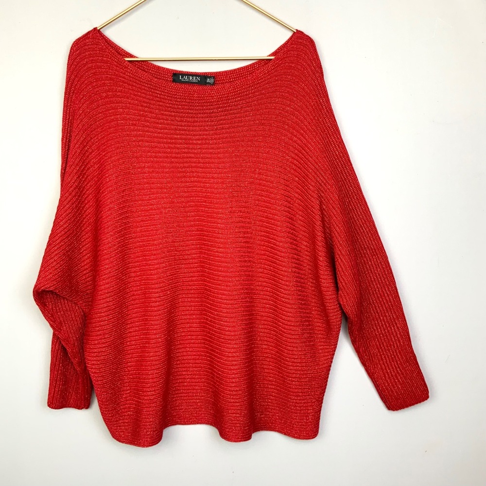 Lauren Ralph Lauren Sz 3X Red Metallic Ribbed Boat Neck Dolman Sleeve Sweater